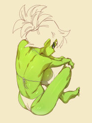 1girl alien ass bikini bra breasts brightmliks cheelai colored_skin dragon_ball dragon_ball_super dragon_ball_super_broly green_skin large_breasts looking_back ponytail sitting swimsuit thong underwear white_hair