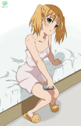 10s 1girl alcohol artist_logo beer blonde_hair blush can dated feet female_focus hair_ornament hairclip kueru logo looking_at_viewer miyahara_takuya mole mole_under_eye naked_towel no_socks open_mouth ribbon shirobako short_hair short_twintails sitting slippers solo towel twintails yano_erika