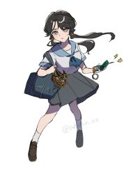 1girl :o aisu_(ahono_ice) alternate_costume bag black_hair black_shoes blue_bag blue_neckerchief blue_sailor_collar cellphone creature flip_phone full_body grey_skirt highres holding holding_phone legs_apart liang_yue_(reverse:1999) loafers long_hair looking_at_viewer low_twintails miniskirt neckerchief phone qiangliang_(reverse:1999) reverse:1999 sailor_collar school_bag school_uniform serafuku shirt shoes short_sleeves skirt socks solo standing twintails twitter_username white_background white_shirt white_socks yellow_eyes