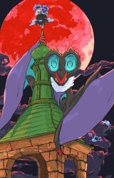 animal_focus aomon_(yuuji7604) bat_(animal) black_skin cloud colored_skin commentary evolutionary_line flying gen_1_pokemon gen_6_pokemon highres looking_at_viewer moon night night_sky nintendo no_humans noibat noivern pokemon pokemon_(creature) red_moon sky symbol-only_commentary tower wings yellow_eyes zubat