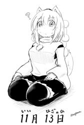 1girl ? animal_ears confused dated detached_sleeves dog_ears female_focus greyscale inubashiri_momiji lap looking_at_viewer monochrome number_pun pom_pom_(clothes) seiza simple_background sitting skirt solo sweatdrop tail taurine_8000mg thighhighs touhou translated twitter_username white_background white_hair