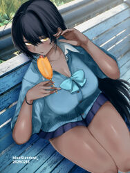 1girl absurdres black_hair blue_archive blush bow bowtie breasts corn_dog dark-skinned_female dark_skin eating food highres karin_(blue_archive) karin_(school_uniform)_(blue_archive) kojima_(blue_stardust) long_hair looking_at_viewer school_uniform shirt skirt thighs very_long_hair yellow_eyes