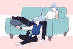 Rule 34 | 3boys, barefoot, blue eyes, blue hair, closed mouth, controller, couch, deletebreath, dress shirt, food, headpat, holding, holding remote control, jacket, khun aguero agnis, khun hachuling, khun ran, lap pillow, long sleeves, male focus, multiple boys, on couch, pink background, ponytail, popsicle, remote control, shirt, short hair, simple background, smile, tower of god, twitter username, white shirt