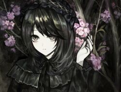 1girl black_bow black_dress black_eyes black_hair black_nails black_ribbon black_theme bow capelet closed_mouth dress expressionless fingernails flower frilled_capelet frilled_hairband frills gd783hhh goth_fashion gothic_lolita grey_eyes hairband hand_up highres lolita_fashion lolita_hairband long_hair long_sleeves looking_at_viewer medium_hair nail_polish neck_ribbon original pale_skin pink_flower ribbon solo swept_bangs upper_body