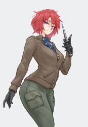1girl black_gloves blue_eyes brown_jacket commission commissioner_upload gloves green_pants highres jacket looking_at_viewer m7_bayonet nikoro_kusev non-web_source original pants red_hair short_hair solo standing weapon zap-nik
