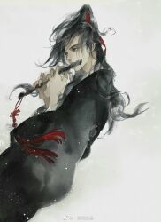 1boy black_eyes black_hair black_hanfu chinese_clothes dizi flute flute_tassel hair_ribbon hanfu high_ponytail highres holding holding_flute holding_instrument ink_wash_painting instrument kcllzas163 light_particles long_hair long_sleeves looking_to_the_side male_focus modao_zushi music painting_(medium) playing_flute playing_instrument ponytail red_ribbon ribbon robe simple_background solo tassel third-party_source traditional_media transverse_flute watermark wei_wuxian weibo_watermark white_background wide_sleeves