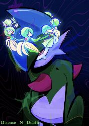 artist_name colored_skin disease_n_death gallade gardevoir gen_3_pokemon gen_4_pokemon green_hair green_skin hair_over_one_eye holding_hands imagining multicolored_skin nintendo pink_eyes pokemon pokemon_(creature) teardrop two-tone_skin white_skin