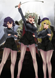 Rule 34 | 3girls, absurdres, anchovy (girls und panzer), arm up, beret, black cape, black hair, black hat, black ribbon, blonde hair, braid, brown eyes, cape, carpaccio (girls und panzer), commentary request, commission, crossed arms, drill hair, frown, girls und panzer, green eyes, green hair, grin, half-closed eyes, hand on own hip, hat, highres, holding, holding riding crop, kuromorimine military uniform, long hair, looking at viewer, multiple girls, nabeyu, open mouth, pantyhose, partial commentary, pepperoni (girls und panzer), pixiv commission, red cape, ribbon, riding crop, short hair, side braid, smile, smirk, twin drills, twintails, two-sided cape, two-sided fabric, white pantyhose, white ribbon
