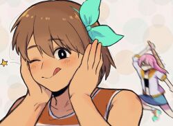 Rule 34 | 1boy, 1girl, alternate eye color, aubrey (faraway) (omori), aubrey (omori), baseball bat, black eyes, blue hairband, blue skirt, blurry, blurry background, blush, bright pupils, brown hair, collarbone, crop top, dark-skinned male, dark skin, denim, denim skirt, hairband, hands on own cheeks, hands on own face, holding, holding baseball bat, jacket, kel (faraway) (omori), kel (omori), long hair, nail (hardware), nail bat, navel, omori, one eye closed, pasuta928008, pink hair, shoes, short hair, skirt, smile, sneakers, socks, tongue, tongue out, white jacket, white pupils, white socks