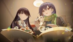 2girls artist_request bang_dream! bang_dream!_it&#039;s_mygo!!!!! blue_shirt brown_eyes brown_hair brown_vest collared_shirt commission diagonal-striped_clothes diagonal-striped_necktie ear_piercing earrings green_scarf grey_hair grey_jacket grey_necktie hair_between_eyes hair_ornament hairclip highres indoors jacket jewelry long_hair magic mole mole_under_eye multiple_girls necktie open_mouth piercing purple_eyes scarf second-party_source shiina_taki shirt short_hair single_earring striped_clothes takamatsu_tomori vest
