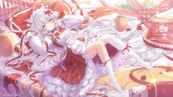 1girl animal_ears artist_logo artist_name asymmetrical_legwear blue_eyes bow commission dress flower frilled_dress frills hair_bow hair_spread_out headdress heterochromia highres logo long_hair long_sleeves looking_at_viewer multicolored_dress on_bed original pillow puffy_sleeves red_bow red_dress red_flower red_ribbon ribbon thighhighs too_many too_many_frills two-tone_dress umehara_sei very_long_hair virtual_youtuber watermark white_dress white_hair white_headdress white_thighhighs yellow_eyes