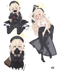 1girl absurdres arm_up black_coat black_pantyhose black_skirt blonde_hair blue_archive blush bow bra breasts coat dirty dirty_clothes food gloves green_eyes halo highres ice_cream long_hair looking_at_viewer open_mouth pantyhose professor_niyaniya_(blue_archive) skirt suggestive_fluid underwear white_bra yuyu_guantou_(marky)