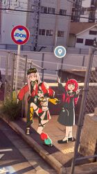Rule 34 | 3girls, absurdres, animal ears, asymmetrical legwear, baseball cap, black collar, black footwear, black gloves, black hair, black jacket, black pants, black sailor collar, black serafuku, black shirt, black skirt, blue eyes, braid, chadcast (hololive), chain-link fence, closed mouth, collar, commentary, day, double v, fence, full body, gloves, google maps, hakos baelz, hakos baelz (1st costume), hashtag-only commentary, hat, heterochromia, high school girls posing for google street view (meme), highres, hololive, hololive english, horns, irys (gaming casual) (hololive), irys (hololive), jacket, jdon in my soul (meme), long hair, long sleeves, looking at viewer, low twintails, medium hair, meme, mismatched legwear, mori calliope, mori calliope (streetwear), mouse ears, mouse girl, mouse tail, multicolored hair, multicolored jacket, multiple girls, neckerchief, official alternate costume, open mouth, outdoors, pants, photo background, pink eyes, pink hair, pleated skirt, purple hair, red hair, red jacket, red neckerchief, sailor collar, school uniform, serafuku, shirt, shoes, sidelocks, sidewalk, skirt, socks, spiked collar, spikes, standing, standing on one leg, streaked hair, tactile paving, tail, tensutensu, track jacket, twin braids, twintails, two-tone jacket, v, virtual youtuber, white hair, white shirt, white socks