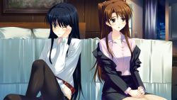 10s 2girls alcohol bed belt black_hair blue_eyes blush brown_eyes brown_hair clothes collarbone cup female_focus game_cg hands_on_own_face long_hair multiple_girls nakamura_takeshi off_shoulder office_lady ogiso_setsuna one_eye_closed open_clothes own_hands_together pantyhose sidelocks touma_kazusa two_side_up white_album_(series) white_album_2 wince