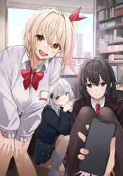 3girls black_hair black_jacket black_ribbon black_skirt blonde_hair blue_eyes blue_necktie bow bowtie breasts brown_jacket brown_skirt cellphone character_request collarbone collared_shirt copyright_request grey_hair hair_ribbon holding holding_phone jacket mappaninatta medium_breasts mole mole_under_eye multicolored_hair multiple_girls necktie novel_illustration official_art open_mouth pantyhose phone pink_hair plaid_clothes plaid_skirt pov pov_hands red_bow red_bowtie red_eyes red_necktie red_ribbon ribbon school_uniform shirt side_ponytail skirt smartphone smile socks streaked_hair sweater teeth upper_teeth_only white_shirt white_socks white_sweater window yellow_eyes