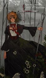 black_dress blood bow brown_hair closed_mouth cross dress eyelashes flower gothic_lolita green_eyes highres kiyari0628 lolita_fashion long_sleeves original rain red_bow red_flower red_ribbon red_rose ribbon rose solo