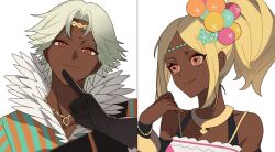 1boy 1girl bare_shoulders black_gloves blonde_hair brother_and_sister closed_mouth commentary dark-skinned_female dark-skinned_male dark_skin dr_metagross english_commentary fire_emblem fire_emblem_engage fogado_(fire_emblem) gloves grey_hair hair_ornament high_ponytail highres index_finger_raised long_hair looking_at_viewer nintendo ponytail prototype_design short_hair siblings smile star-shaped_pupils star_(symbol) symbol-shaped_pupils timerra_(fire_emblem) upper_body white_background