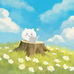 Rule 34 | blue sky, book, chiikawa, chiikawa (character), cloud, cloudy sky, day, flower, grass, highres, holding, holding book, idea, light bulb, maria (maria rose), no humans, outdoors, sky, solo, tree stump, white flower
