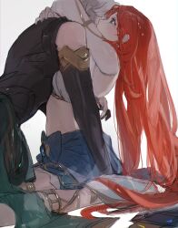 1boy 1girl absurdres aji_11300913 alhaitham_(genshin_impact) artist_name bare_shoulders black_shirt black_sleeves blue_skirt crop_top from_side genshin_impact green_eyes grey_hair highres hug long_hair looking_to_the_side looking_up midriff navel nilou_(genshin_impact) red_hair shirt simple_background sitting skirt sleeveless sleeveless_shirt tears upper_body very_long_hair wariza white_background white_shirt white_sleeves
