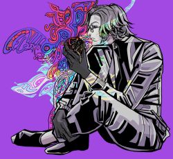 1boy absurdres aotsuki_eito black_shirt blue_eyes closed_mouth frown full_body glasses grey_hair grey_jacket grey_pants highres jacket male_focus pants parted_lips purple_background shirt simple_background sitting solo solo_focus surreal the_hundred_line_-last_defense_academy-
