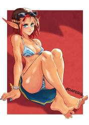 Rule 34 | 1girl, barefoot, bikini, blue eyes, daferq, feet, highres, looking at viewer, medium hair, original, pointy ears, red hair, soles, sunglasses on head, swimsuit, toes