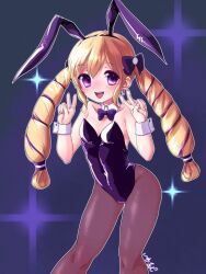 Rule 34 | 1girl, alternate costume, blonde hair, bow, drill hair, elise (fire emblem), fire emblem, fire emblem fates, hair bow, leotard, long hair, looking at viewer, nintendo, open mouth, pantyhose, playboy bunny, purple eyes, purple hair, solo, studio sugimoto, twin drills, twintails