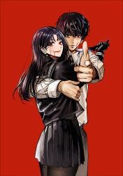 1boy 1girl absurdres black_hair black_pantyhose black_shirt blood blood_on_face bouryoku_banzai breasts gloves highres holding holding_knife hug knife looking_at_viewer nadainishi pantyhose red_background red_eyes rikudou_setsuna school_uniform shirt smile tagme