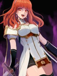 Rule 34 | 1girl, armor, aura, black gloves, black skirt, black thighhighs, breastplate, cape, celica (fire emblem), celica (imprisoned soul) (fire emblem), choker, dark aura, dress, earrings, evil smile, fingerless gloves, fire emblem, fire emblem echoes: shadows of valentia, gloves, highres, holding, holding sword, holding weapon, jewelry, labebebe lee, long hair, nintendo, princess, red eyes, red hair, skirt, smile, sword, thighhighs, thighs, tiara, weapon, white armor, white dress, witch