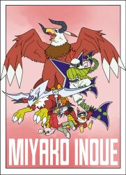 aquilamon belt digimon digimon_adventure_02 glasses hat hawkmon highres holsmon inoue_miyako long_hair one_eye_closed orange_eyes pink_hair poromon pururumon shurimon wings wink