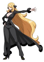 Rule 34 | 1girl, alternate breast size, black coat, blonde hair, breasts, cleavage, coat, cynthia (pokemon), fur-trimmed coat, fur-trimmed sleeves, fur collar, fur trim, grey eyes, hair ornament, hair over one eye, highres, large breasts, long hair, long sleeves, looking at viewer, nintendo, pokemon, simple background, smile, solo, very long hair, yxyyxy
