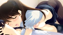 10s 1boy 1girl bed black_hair bra bra_lift breast_press brown_hair closed_eyes clothes_lift game_cg kitahara_haruki long_hair ogiso_setsuna open_mouth panties panties_under_pantyhose pantyhose pink_bra saliva saliva_trail shirt_lift skirt underwear white_album_(series) white_album_2