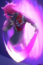 1boy alternate_costume black_hair blue_eyes full_body highres holding holding_sword holding_weapon male_focus multicolored_eyes multicolored_hair one_eye_closed pink_background purple_background red_eyes red_hair simple_background solo solo_focus sumino_takumi sword the_hundred_line_-last_defense_academy- weapon