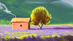 Rule 34 | cambocreation, field, flower, grass, hill, house, mountain, no humans, original, painterly, purple theme, scenery, smoke, tree, watermark