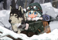 1girl 2018 backpack bag blue_eyes blush breath chinese_zodiac coat commentary_request dog fur_trim gloves goggles goggles_on_head grey_hair hat husky nengajou new_year open_mouth original outdoors short_hair snow winter winter_clothes yaegashi_youhei year_of_the_dog