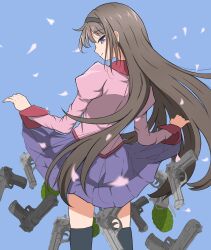 1girl akemi_homura bakemonogatari black_hairband black_thighhighs blue_background brown_hair clothes_lift commentary_request cosplay cowboy_shot explosive from_behind grenade gun hairband highres lifting_own_clothes long_hair long_sleeves monogatari_(series) naoetsu_high_school_uniform pink_shirt puffy_long_sleeves puffy_sleeves purple_eyes purple_skirt reno_3tomato school_uniform senjougahara_hitagi senjougahara_hitagi_(cosplay) shirt skirt skirt_lift solo thighhighs weapon