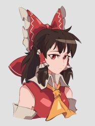 Rule 34 | 1girl, alicealacroix, ascot, bare shoulders, bow, brown hair, commentary, detached sleeves, english commentary, frilled bow, frilled hair tubes, frills, hair bow, hair tubes, hakurei reimu, highres, looking at viewer, nontraditional miko, portrait, red bow, red eyes, red shirt, shirt, simple background, sleeveless, sleeveless shirt, solo, touhou, white background, yellow ascot