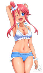 1girl ;d absurdres adapted_costume arm_up bikini blue_eyes bracelet breasts collarbone commentary_request cowboy_shot hair_between_eyes hair_ornament happy highres jewelry maho_(corotonton5150) navel nintendo one_eye_closed one_side_up open_mouth pink_hair pokemon pokemon_masters_ex sidelocks simple_background skyla_(pokemon) skyla_(summer_2025)_(pokemon) smile solo swimsuit teeth tongue upper_teeth_only white_background