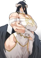 Rule 34 | 1girl, absurdres, albedo (overlord), bare shoulders, breasts, cleavage, female focus, gloves, highres, hip vent, horns, huge breasts, long hair, looking at viewer, musctonk, muscular, muscular female, overlord (maruyama), solo, wide hips, wings, yellow eyes