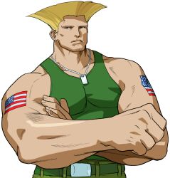 Rule 34 | 1boy, american flag, american flag tattoo, belt, bengus, blonde hair, blue eyes, crossed arms, disdain, dog tags, flattop, game cg, green tank top, guile, highres, male focus, muscular, muscular male, no eyebrows, non-web source, official art, portrait, simple background, solo, street fighter, street fighter zero (series), tank top, upper body, white background