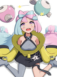 1girl absurdres asymmetrical_legwear bare_shoulders blue_hair bow-shaped_hair breasts detached_hair dizzy gonzarez grey_footwear halterneck hexagon_print highres iono_(pokemon) jacket long_hair long_sleeves looking_up medium_breasts multicolored_eyes multicolored_hair nintendo open_mouth pink_eyes pink_hair pokemon pokemon_sv purple_eyes seeing_stars sharp_teeth simple_background sitting sleeves_past_wrists solo teeth thigh_strap two-tone_hair upper_teeth_only very_long_hair wariza white_background yellow_eyes yellow_jacket