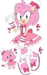 2girls amy_rose bare_legs bow chao_(sonic) dress eyelashes gloves hat heart high_heels highres idol legs lolita_fashion multiple_girls pink_fur pink_hair sakura_2739 sega size_difference sonic_(series) sonic_adventure