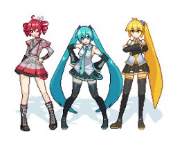 3girls :d :| ;d ahoge akita_neru antenna_hair aqua_eyes aqua_hair aqua_necktie black_boots black_skirt black_thighhighs blonde_hair boots bow breasts buttons closed_mouth collared_shirt crossed_arms detached_sleeves double-breasted drill_hair full_body grey_jacket grey_skirt hand_on_own_hip hatsune_miku jacket kasane_teto kasane_teto_(sv) lace-up_boots layered_skirt long_hair long_sleeves medium_breasts midriff_peek miniskirt multiple_girls musical_staff necktie nokia_yan number_tattoo one_eye_closed open_mouth pixel_art pleated_skirt red_eyes red_hair red_trim shadow shirt short_hair shoulder_belt shoulder_boards side_ponytail sideboob simple_background skirt sleeveless small_breasts smile standing synthesizer_v tattoo thigh_boots thighhighs thighs triple_baka_(vocaloid) twin_drills twintails utau vocaloid white_background white_bow yellow_eyes yellow_necktie zettai_ryouiki