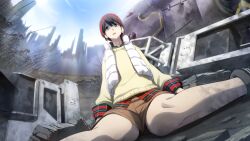 Rule 34 | 1girl, beanie, blue sky, boots, brown eyes, brown hair, brown shorts, cardigan, city, facing viewer, from below, fukuda tomonori, game cg, green shirt, grey boots, hair between eyes, hat, high ponytail, highres, knees, mecha, non-web source, official art, on ground, open mouth, padded vest, plaid clothes, plaid shirt, plaid sleeves, pom pom (clothes), pom pom beanie, ponytail, ponytail with braided base, red hat, red shirt, robot, robotics;notes, rubble, sad, senomiya akiho, shaded face, shiny skin, shirt, shorts, sitting, sky, solo, surprised, vest, wariza, white vest, winter clothes, yellow cardigan