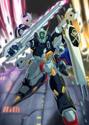 Rule 34 | crossbone gundam, crossbone gundam x-1 full armor, glowing, glowing eyes, green eyes, gun, gundam, highres, holding, holding sword, holding weapon, kin-san (sasuraiga), looking at viewer, mecha, mecha focus, mobile suit, no humans, robot, science fiction, shield, skull and crossbones, solo, sword, v-fin, weapon