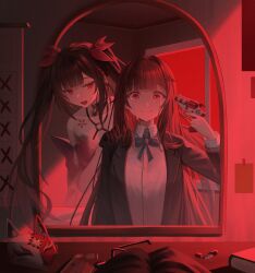 2girls absurdres bell black_choker black_jacket brown_hair choker closed_mouth collarbone commentary criss-cross_halter crying dalmo_(pafe2444) dress dual_persona fox_mask gun gun_to_head halterneck handgun highres holding holding_weapon honkai:_star_rail honkai_(series) indoors jacket long_hair looking_at_mirror looking_at_viewer mark_under_both_eyes mask mirror multiple_girls neck_bell open_clothes open_jacket open_mouth red_dress red_eyes red_theme reflection reflection_focus revolver shirt smile snubnosed_revolver sparkle_(honkai:_star_rail) sparkle_(school_uniform)_(honkai:_star_rail) twintails very_long_hair weapon white_shirt