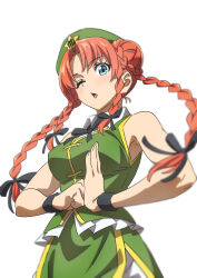 Rule 34 | 1girl, alternate hairstyle, bare shoulders, blue eyes, breasts, chinese clothes, double bun, green skirt, green vest, gyouza (mhea5724), hair bun, hair ribbon, hat, hat ornament, highres, hong meiling, long hair, looking at viewer, medium breasts, one eye closed, open mouth, palm-fist greeting, quad braids, red hair, ribbon, skirt, solo, star (symbol), star hat ornament, touhou, upper body, vest, white background, wristband