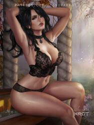 1girl arms_up artist_name black_choker black_hair black_panties breasts choker cleavage green_eyes jewelry lace lace_panties lingerie long_hair looking_at_viewer navel panties patreon_username pendant_choker shurakrgt signature sitting solo the_witcher_(series) underwear watermark web_address yennefer_of_vengerberg