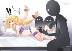 ! !! 1girl 3others artist_request barefoot bed bed_sheet bikini black_cat blonde_hair blush braid breasts cat feet floating_hair foot_massage frilled_thigh_strap hair_ribbon highres hugging_object little_witch_nobeta loli long_hair lying multiple_others nobeta nobeta_(swimsuit_skin) official_art on_bed on_stomach open_mouth phyllis_(cat)_(little_witch_nobeta) phyllis_(little_witch_nobeta) pillow pillow_hug purple_bikini red_eyes ribbon small_breasts swimsuit thigh_strap toes twin_braids twintails very_long_hair