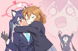 3girls absurdres animal_ear_fluff animal_ears aqua_necktie aqua_ribbon arms_up black_gloves black_hair blazer blue_archive blush brown_hair buttons cat_ears closed_eyes collared_shirt commentary_request crossover fake_animal_ears gloves grey_skirt hair_between_eyes hair_ornament hairclip halo happy heart highres hirasawa_yui holding_hairband hug jacket k-on! k_untan korean_commentary long_hair long_sleeves look-alike multiple_girls nakano_azusa neck_ribbon necktie open_mouth pink_background pleated_skirt rabbit_ears red_eyes red_halo red_ribbon ribbon sakuragaoka_high_school_uniform school_uniform serika_(blue_archive) shirt skirt teardrop trait_connection twintails white_shirt winter_uniform