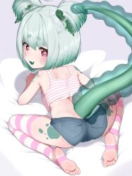 1girl absurdres all_fours ass blue_shorts camisole commentary_request copyright_request denim denim_shorts dragon_girl dragon_tail fang from_behind goki_buri green_hair highres looking_at_viewer looking_back open_mouth pink_camisole pink_thighhighs red_eyes short_hair short_shorts shorts skin_fang soles solo stirrup_legwear striped_camisole striped_clothes striped_thighhighs tail thick_eyebrows thighhighs toeless_legwear toes twintails variant_set